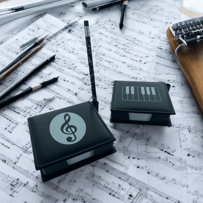 Music Theme Notepad Memo Pad Paper in PU Leather Box with Pen Holder - PartyErasers