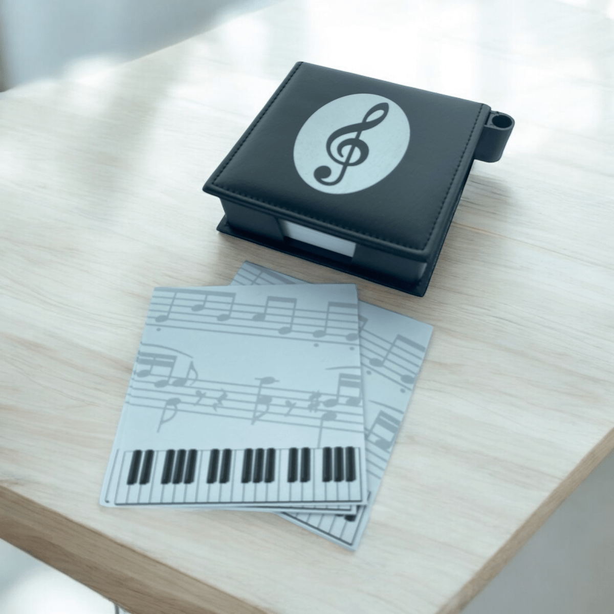 Music Theme Notepad Memo Pad Paper in PU Leather Box with Pen Holder - PartyErasers