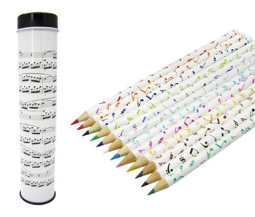 Music Themed 12 Colour Pencils In Metal Tin Tube - White Musical Notes Design - PartyErasers