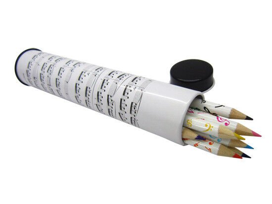 Music Themed 12 Colour Pencils In Metal Tin Tube - White Musical Notes Design - PartyErasers