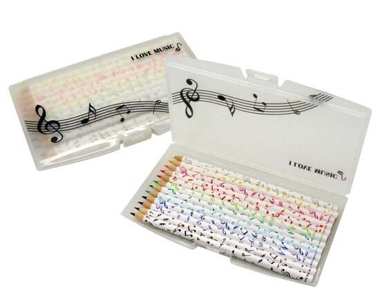 Music Themed 12 Coloured Pencils in clip on plastic case - PartyErasers