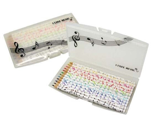 Music Themed 12 Coloured Pencils in clip on plastic case - PartyErasers
