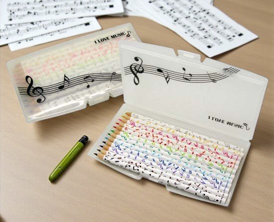 Music Themed 12 Coloured Pencils in clip on plastic case - PartyErasers