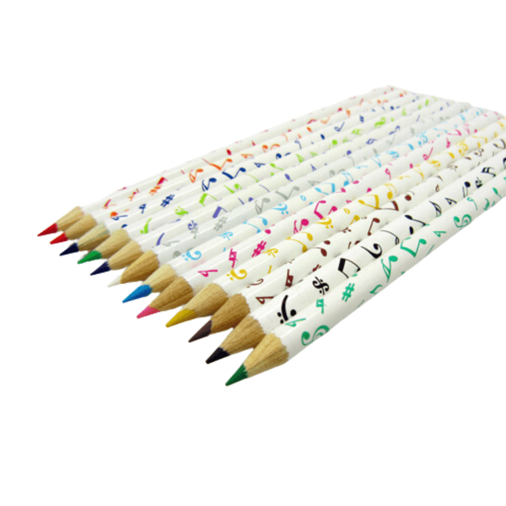 Music Themed 12 Coloured Pencils in clip on plastic case - PartyErasers