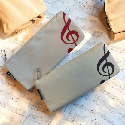 Music Themed Beige Zipper Pouch with Treble Clef Pencil Case Make Up Pouch - PartyErasers