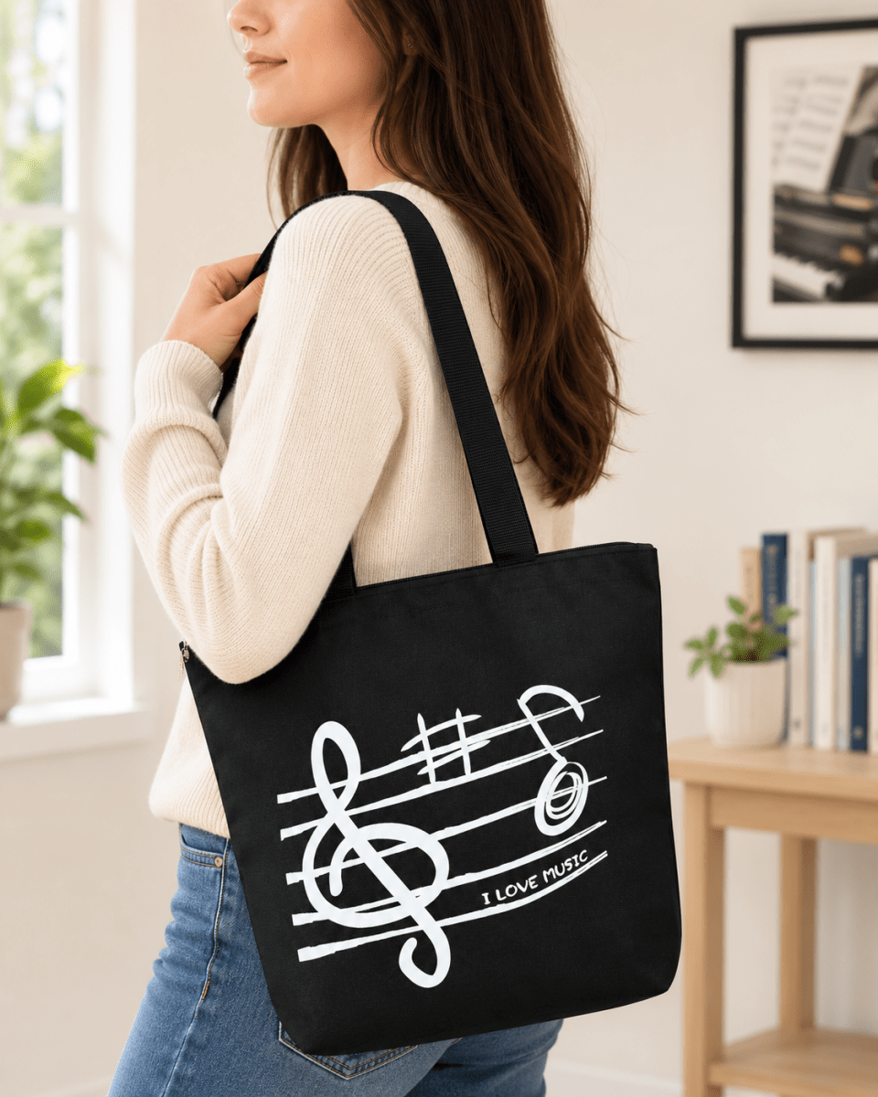 Music Themed Black Treble Clef Music Design Zipped Tote Bag Shopping Bag - PartyErasers
