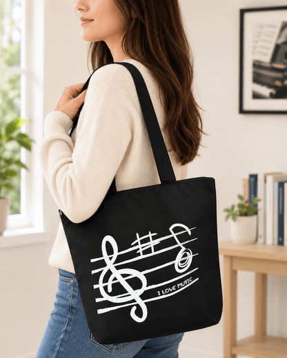 Music Themed Black Treble Clef Music Design Zipped Tote Bag Shopping Bag - PartyErasers