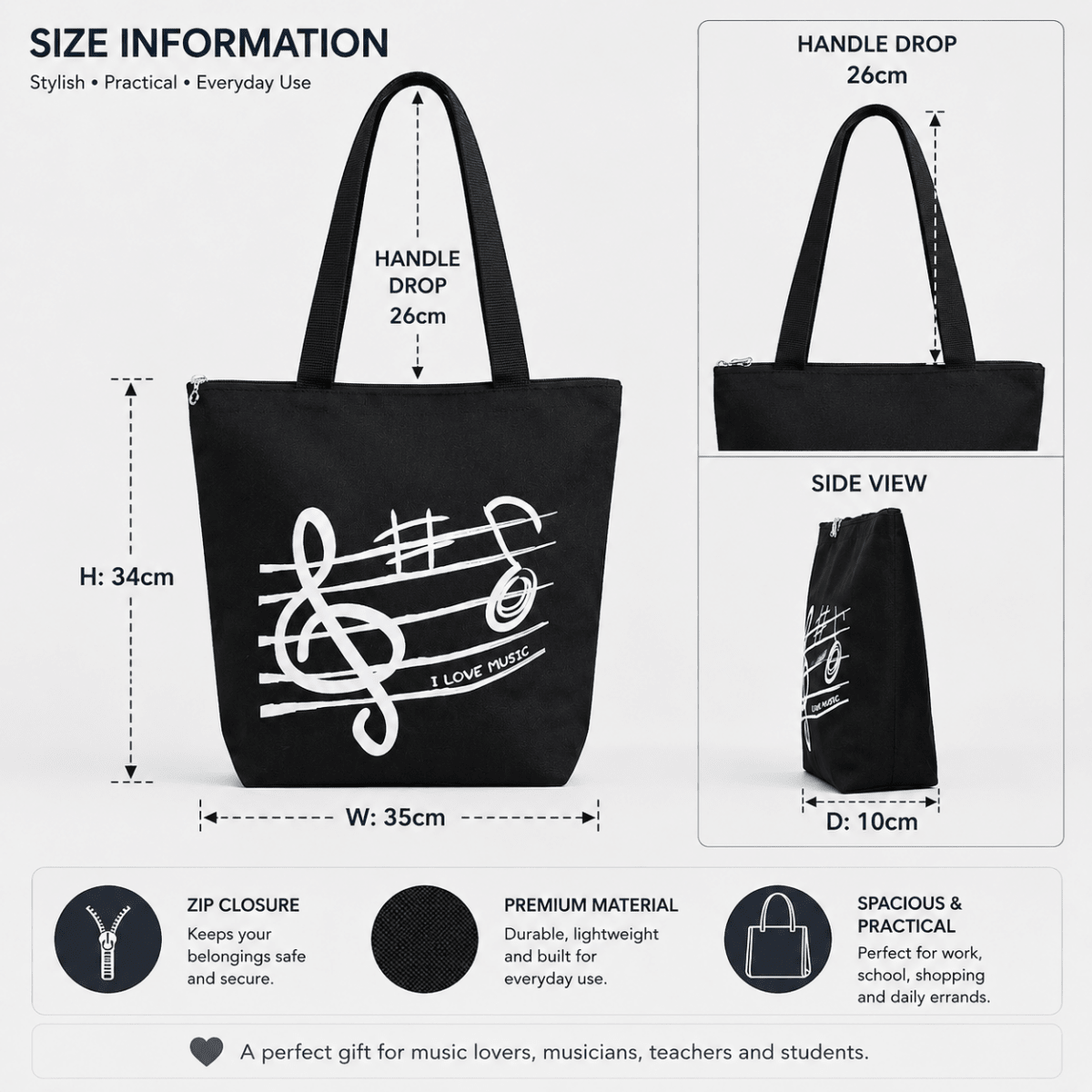 Music Themed Black Treble Clef Music Design Zipped Tote Bag Shopping Bag - PartyErasers