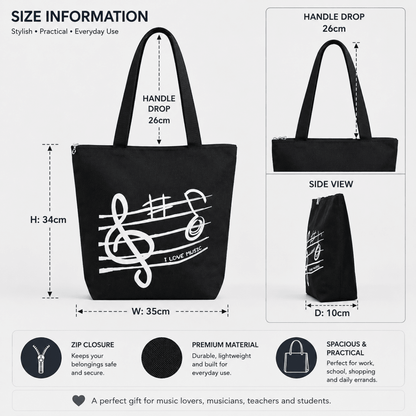 Music Themed Black Treble Clef Music Design Zipped Tote Bag Shopping Bag - PartyErasers