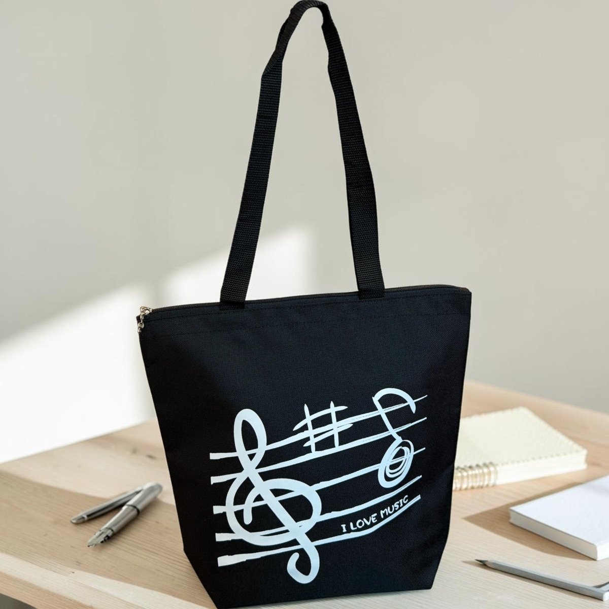 Music Themed Black Treble Clef Music Design Zipped Tote Bag Shopping Bag - PartyErasers