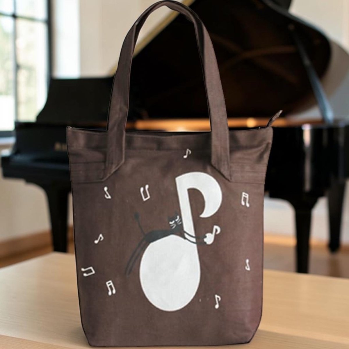 Music Themed Brown Tote Bag with Black Cat and Music Note - PartyErasers
