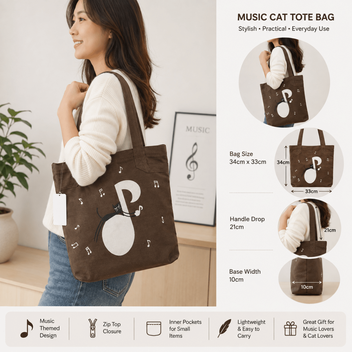 Music Themed Brown Tote Bag with Black Cat and Music Note - PartyErasers