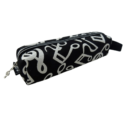 Music Themed Embossed White Musical Notes Black Tube Zipper Pencil Case Pouch with Hand Strap - PartyErasers