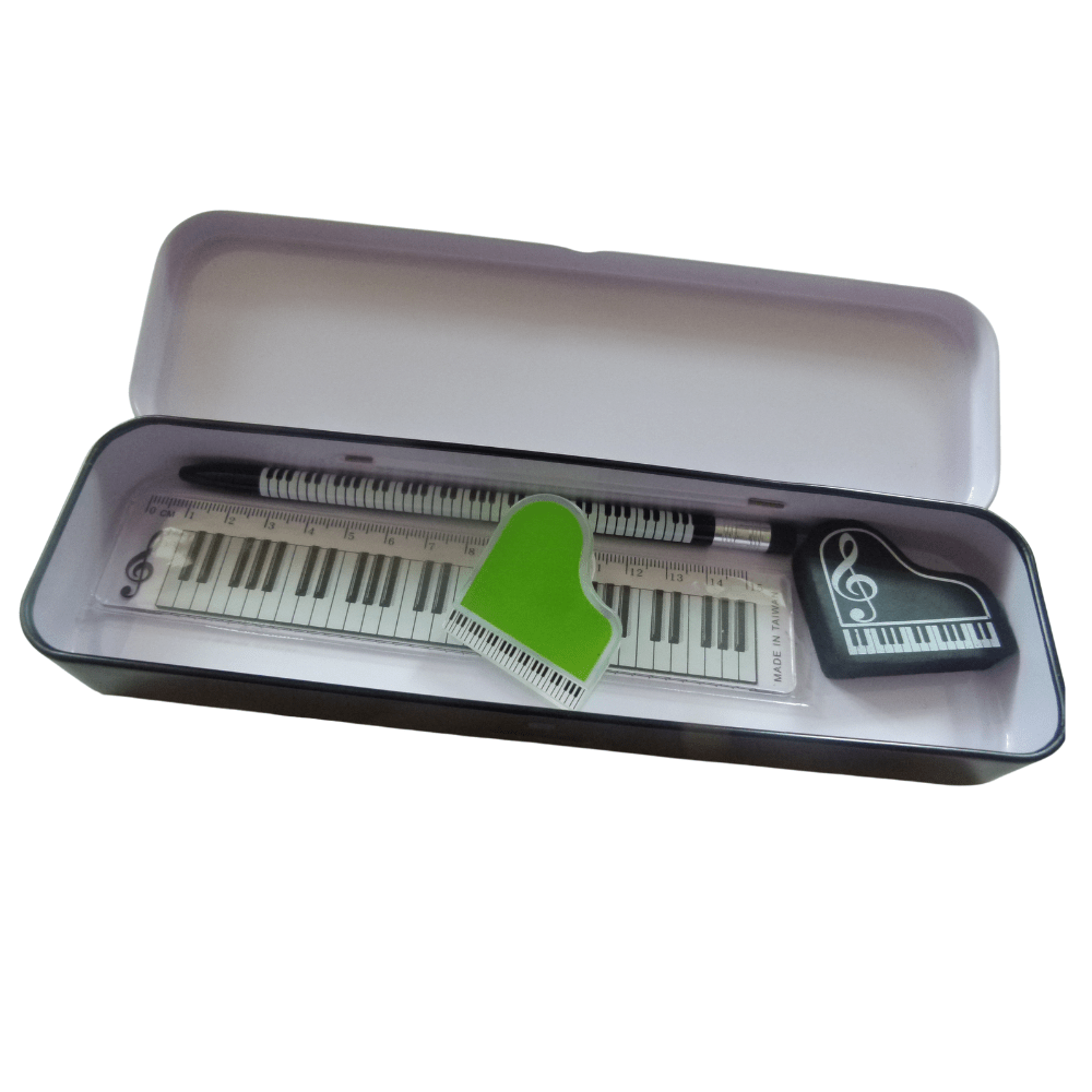 Music Themed Metal Pencil Case Stationery Set with Ruler, Clip, Eraser, Pencil - PartyErasers