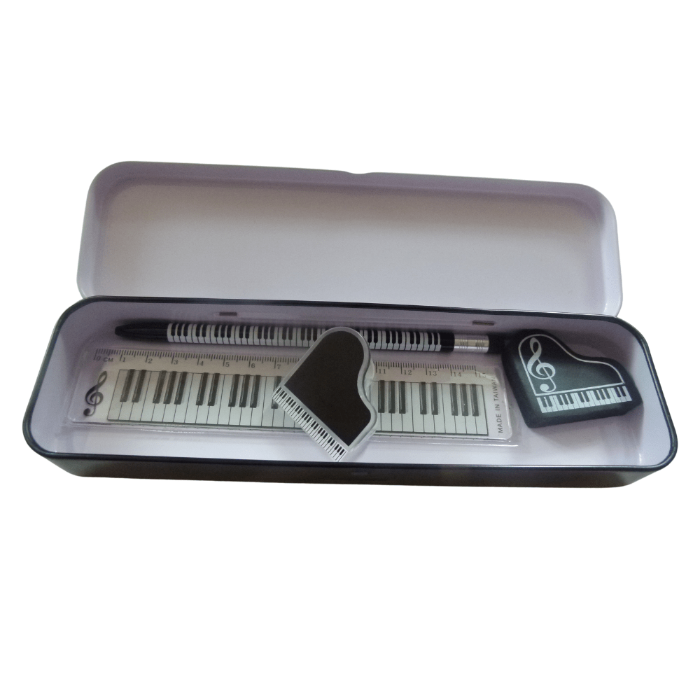 Music Themed Metal Pencil Case Stationery Set with Ruler, Clip, Eraser, Pencil - PartyErasers