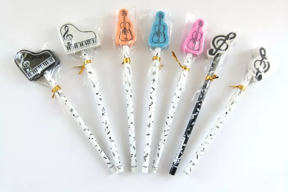 Music Themed Mix of 7 Pencils with Eraser on top Stationery Music Gift School - PartyErasers
