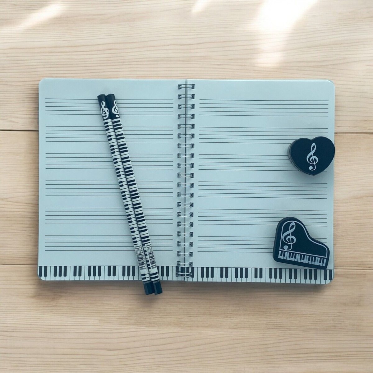 Music Themed Stationery - Black Musical Notes Notebook, HB pencils, eraser an... - PartyErasers