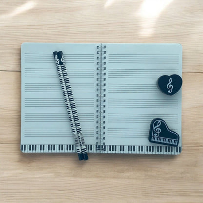 Music Themed Stationery - Black Musical Notes Notebook, HB pencils, eraser an... - PartyErasers
