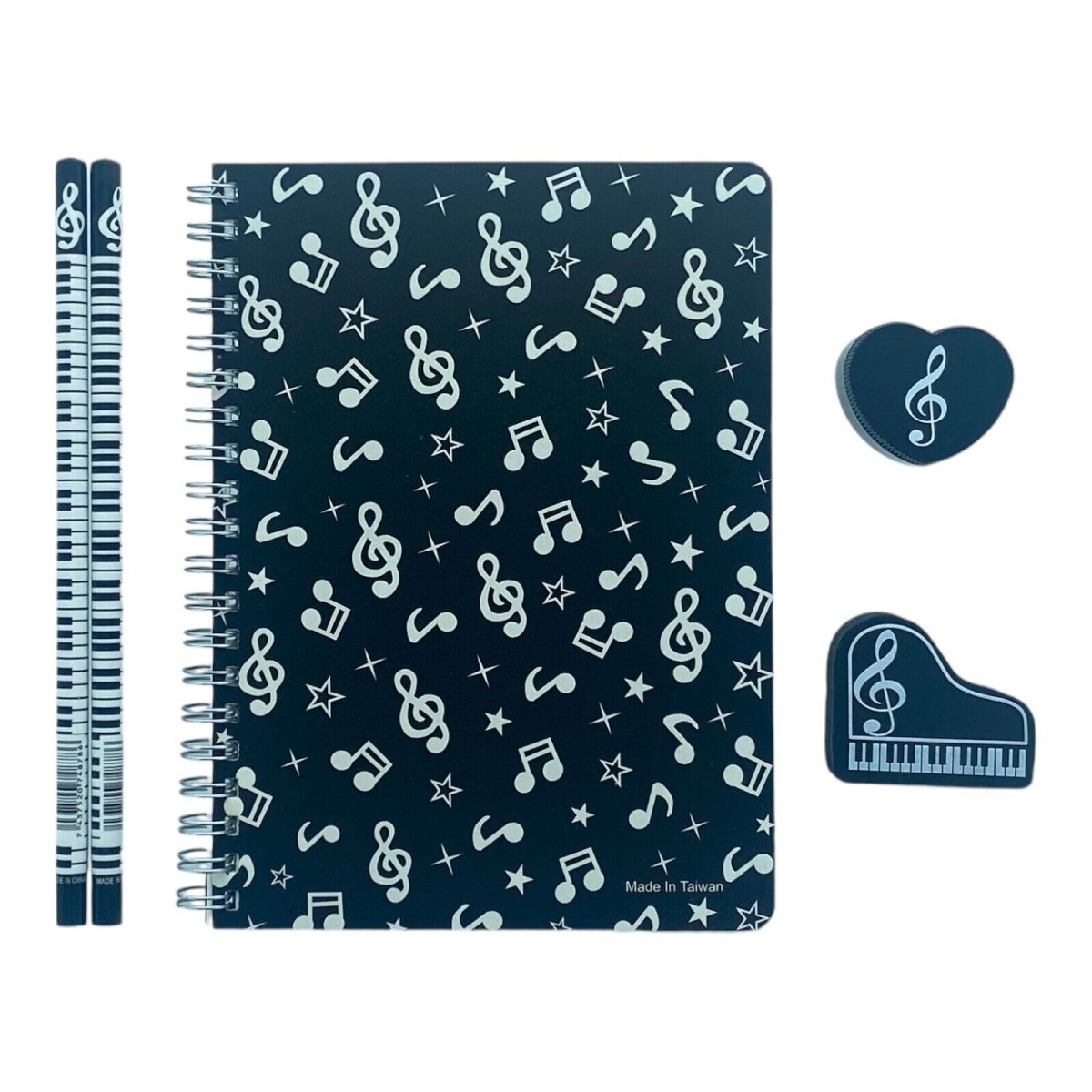 Music Themed Stationery - Black Musical Notes Notebook, HB pencils, eraser an... - PartyErasers