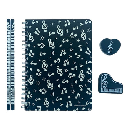 Music Themed Stationery - Black Musical Notes Notebook, HB pencils, eraser an... - PartyErasers