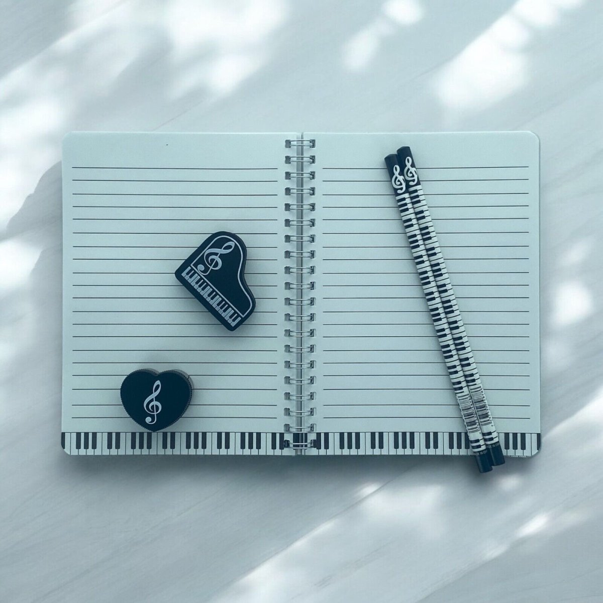 Music Themed Stationery - Black Musical Notes Notebook, HB pencils, eraser an... - PartyErasers