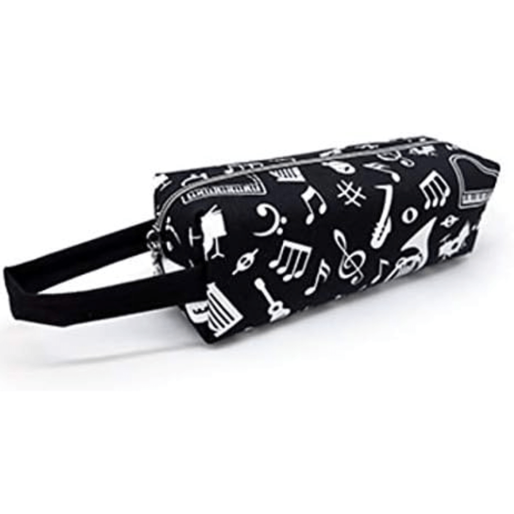 Music Themed Stationery Black Tube Zipper Pencil Case Pouch with Hand Strap - PartyErasers
