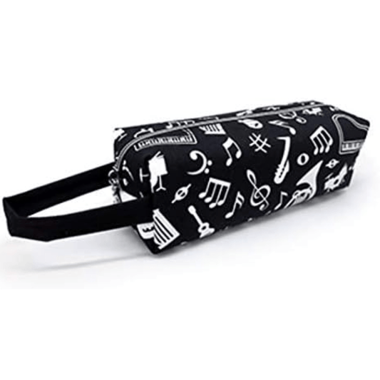 Music Themed Stationery Black Tube Zipper Pencil Case Pouch with Hand Strap - PartyErasers