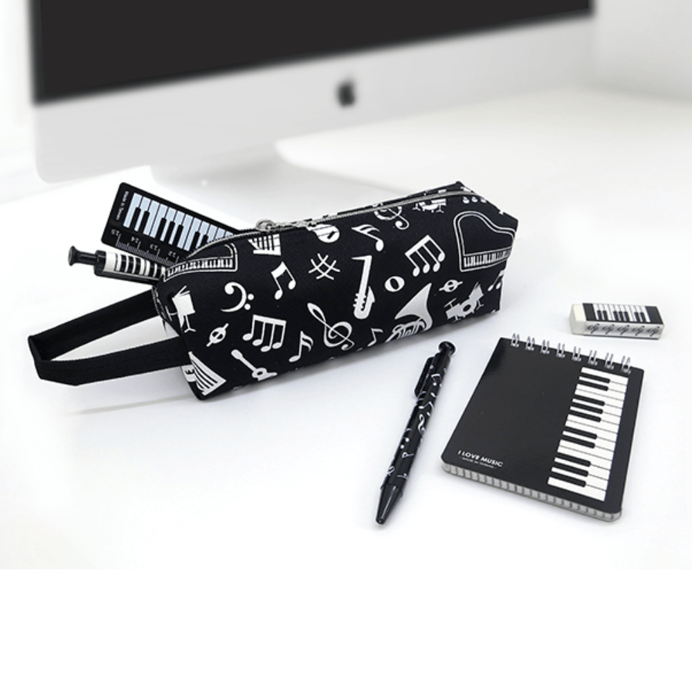 Music Themed Stationery Black Tube Zipper Pencil Case Pouch with Hand Strap - PartyErasers