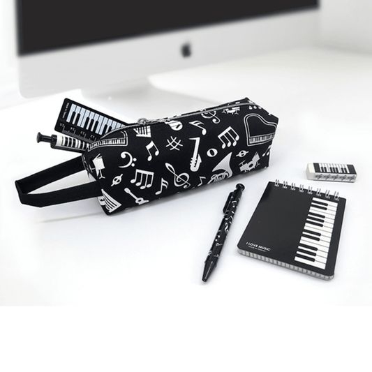 Music Themed Stationery Black Tube Zipper Pencil Case Pouch with Hand Strap - PartyErasers
