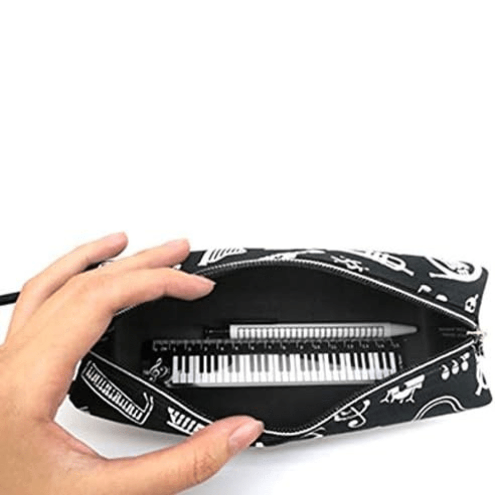 Music Themed Stationery Black Tube Zipper Pencil Case Pouch with Hand Strap - PartyErasers