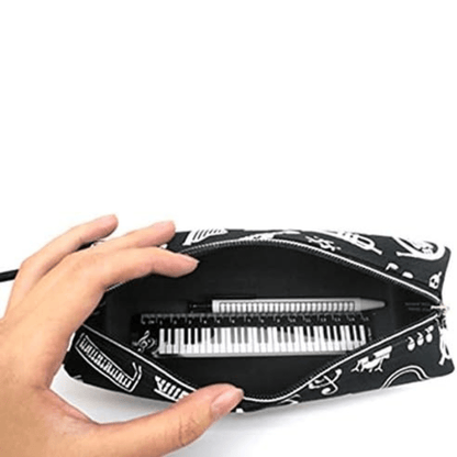 Music Themed Stationery Black Tube Zipper Pencil Case Pouch with Hand Strap - PartyErasers