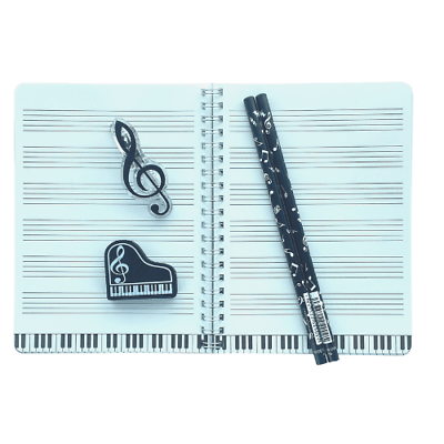 Music Themed Stationery Notebook Set - Notebook, Eraser, Clip and 2 Pencils (... - PartyErasers