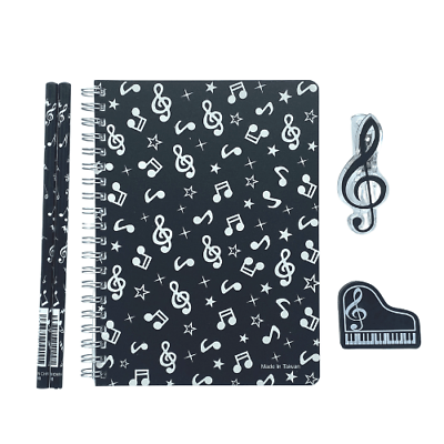 Music Themed Stationery Notebook Set - Notebook, Eraser, Clip and 2 Pencils (... - PartyErasers