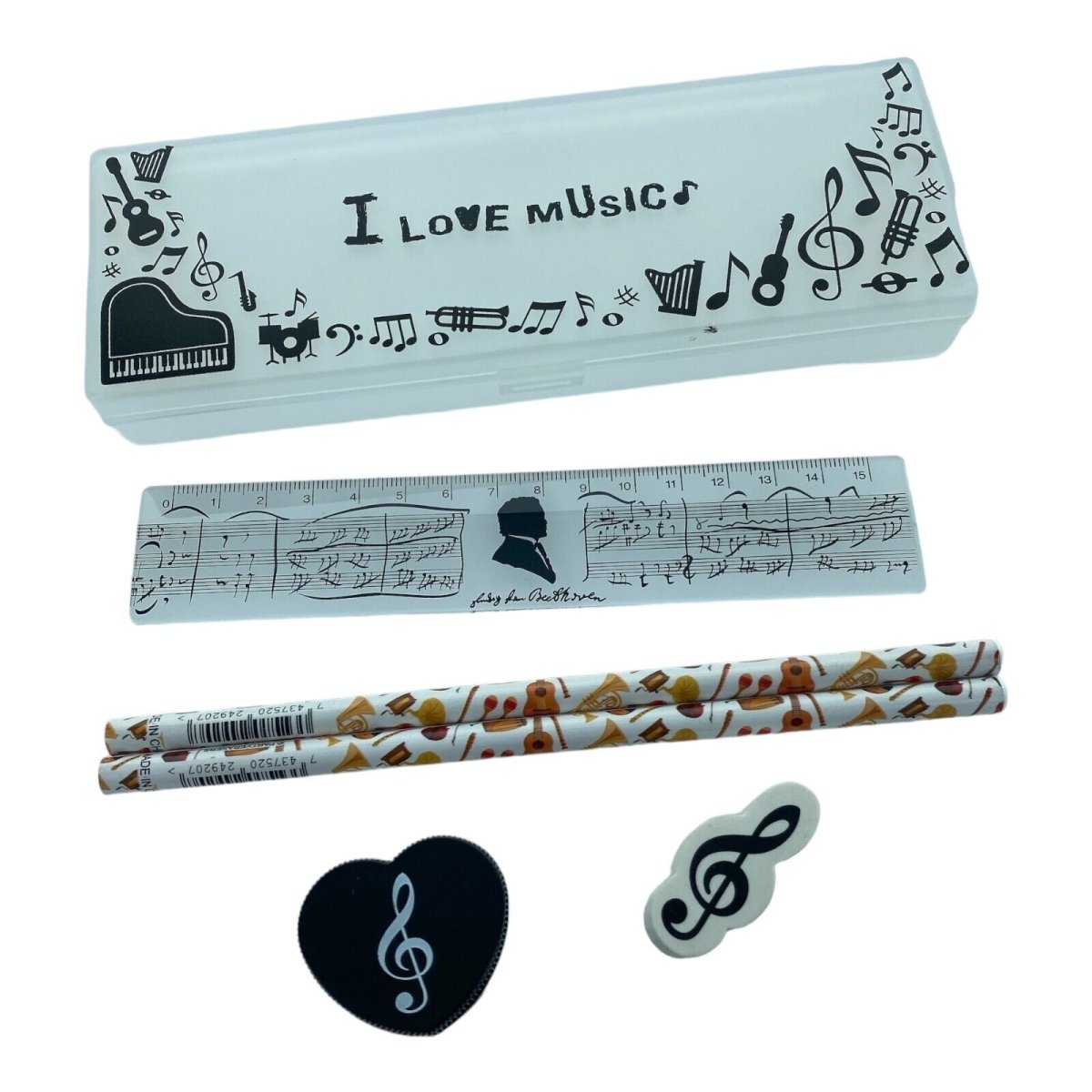 Music Themed Stationery Set Pencil case with Eraser, Sharpener, ruler & 2pencils - PartyErasers