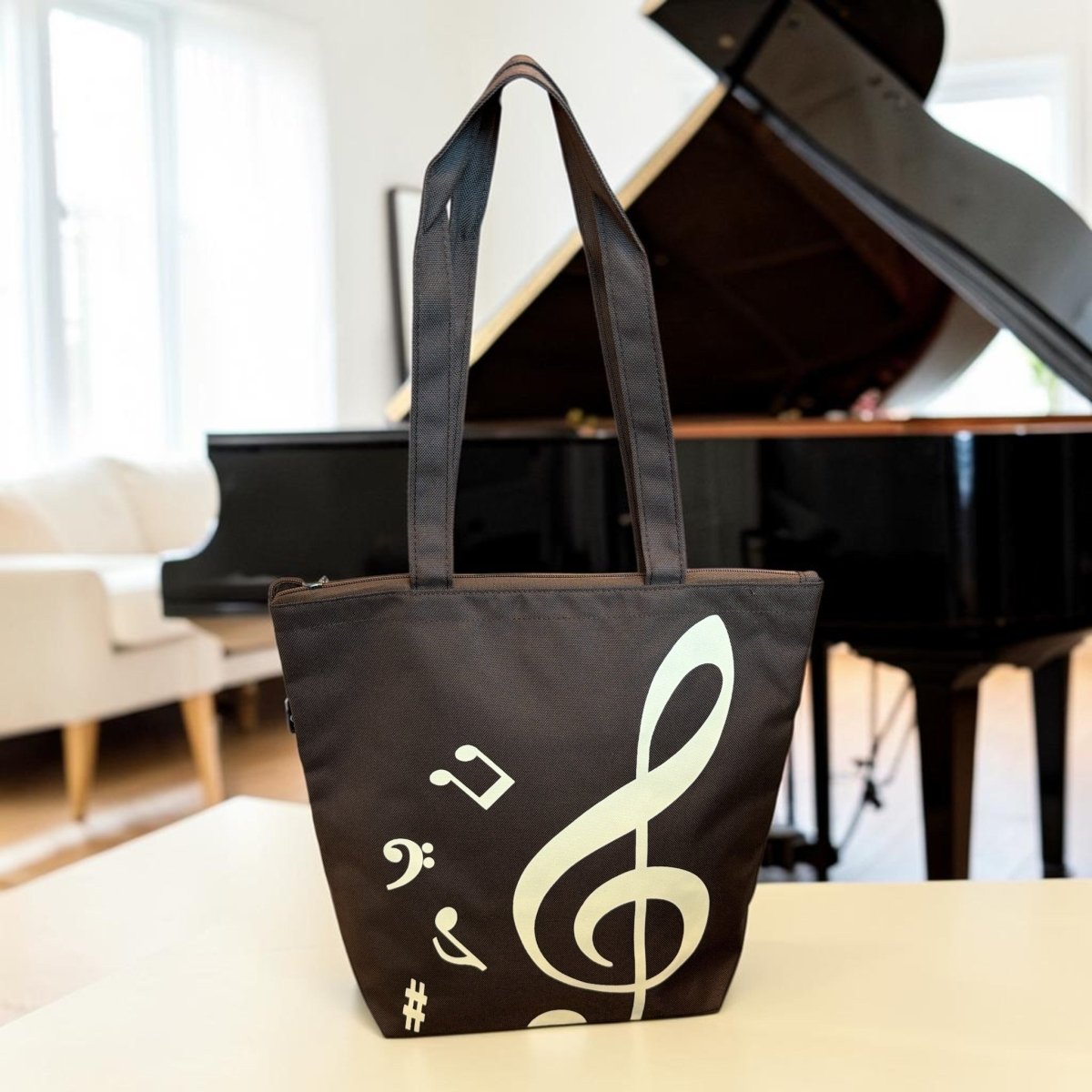 Music Themed Tote Bag - Treble Clef Music (Brown) - PartyErasers