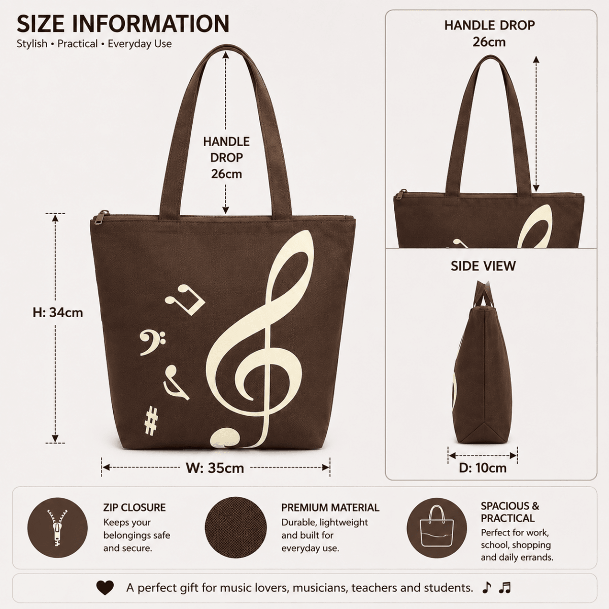 Music Themed Tote Bag - Treble Clef Music (Brown) - PartyErasers