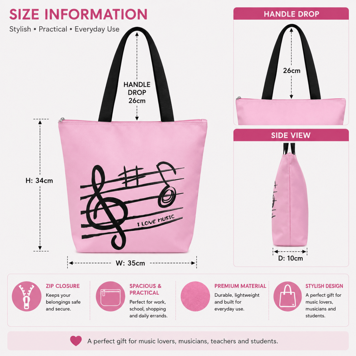 Music Themed Tote Bag – Treble Clef Music (Pink) - PartyErasers