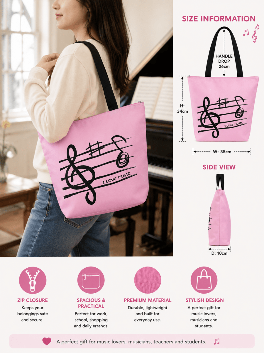 Music Themed Tote Bag – Treble Clef Music (Pink) - PartyErasers