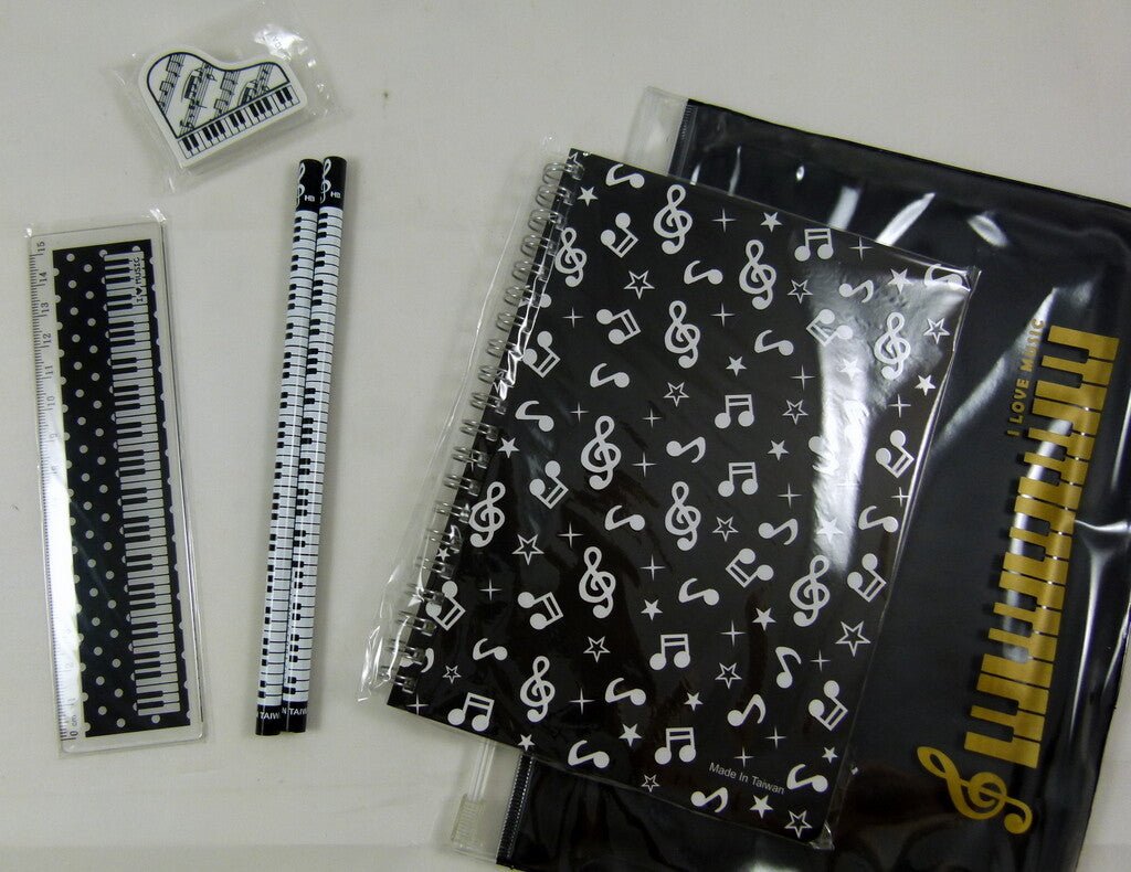 Music Themed Zipper Pouch Stationery Set - Black Musical Notes Spiral Bound N... - PartyErasers