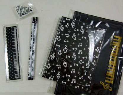 Music Themed Zipper Pouch Stationery Set - Black Musical Notes Spiral Bound N... - PartyErasers