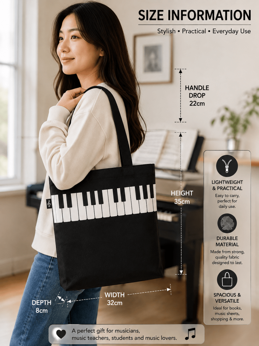 Music Themed Zipper Tote Bag - Piano Key (Black) - PartyErasers