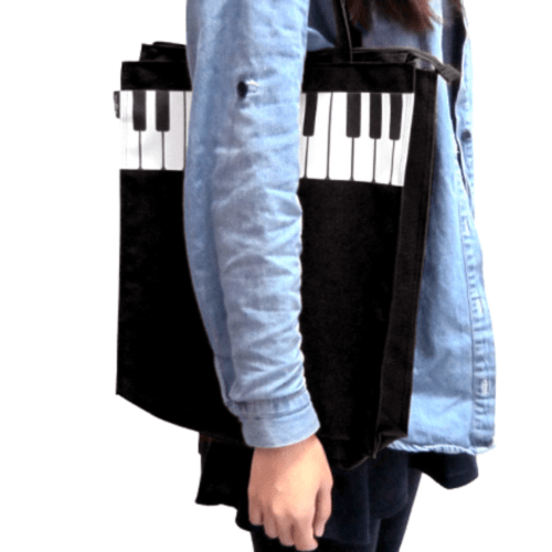 Music Themed Zipper Tote Bag - Piano Key (Black) - PartyErasers