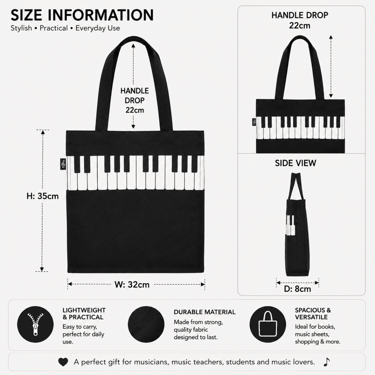 Music Themed Zipper Tote Bag - Piano Key (Black) - PartyErasers
