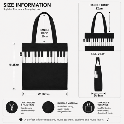 Music Themed Zipper Tote Bag - Piano Key (Black) - PartyErasers