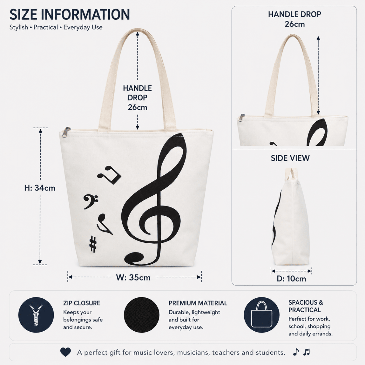 PartyErasers Music Themed Beige Tote Bag (Treble Clef) - PartyErasers