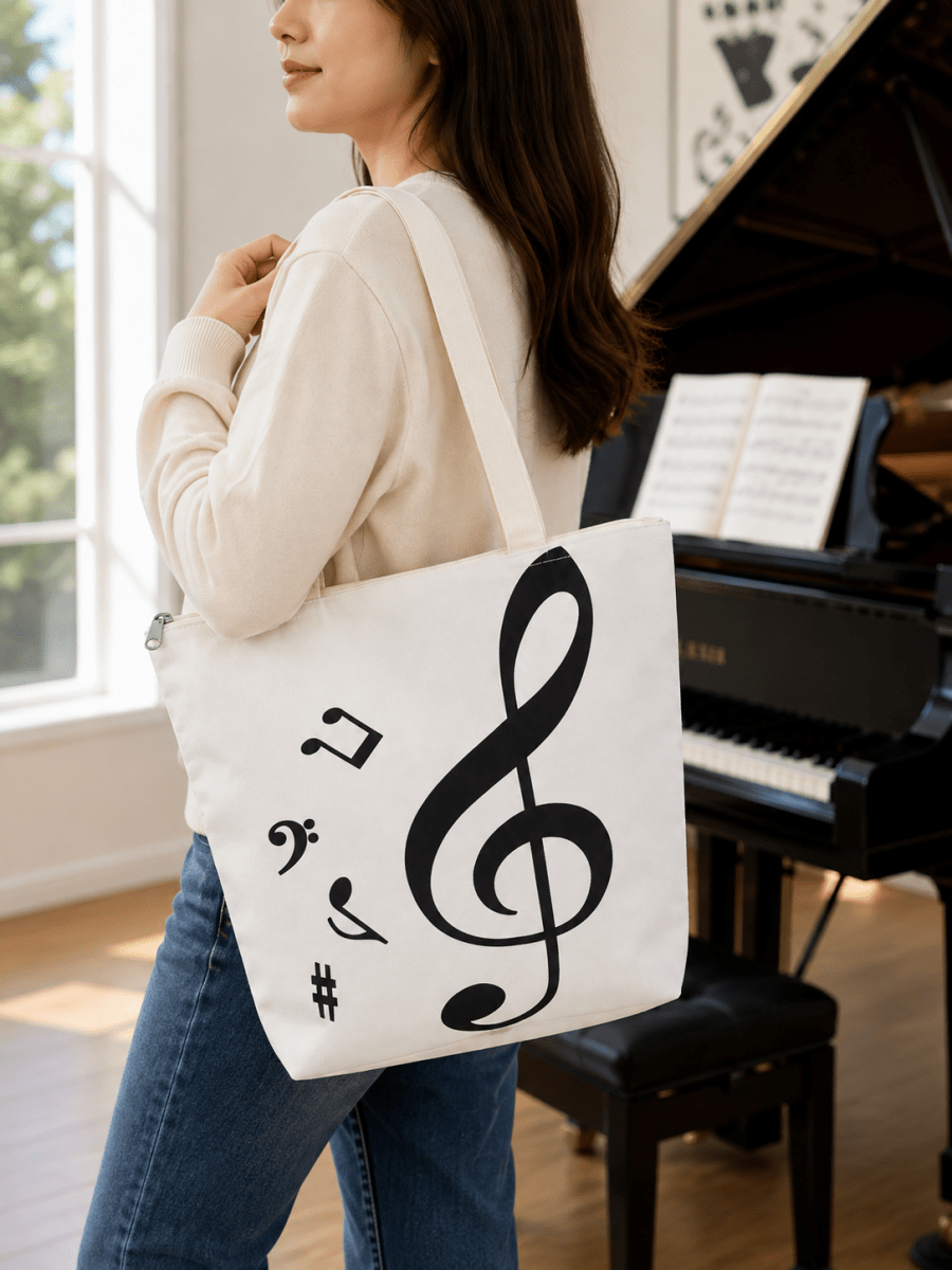PartyErasers Music Themed Beige Tote Bag (Treble Clef) - PartyErasers