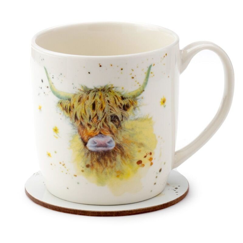 Porcelain Mug & Coaster Set - Jan Pashley Highland Coo Cow - PartyErasers