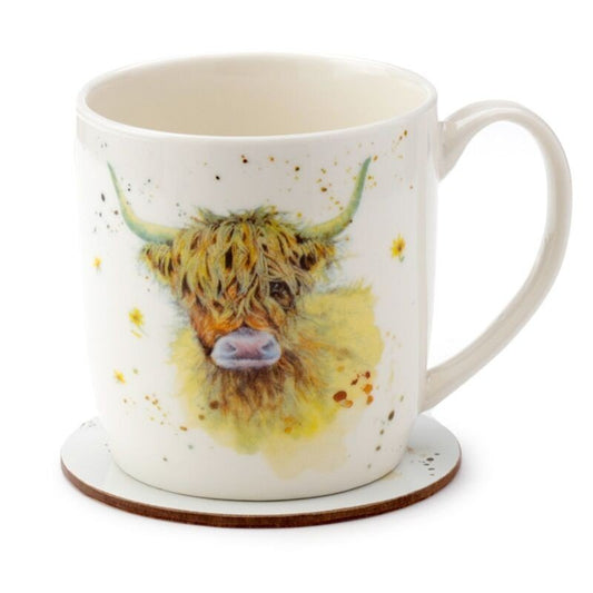 Porcelain Mug & Coaster Set - Jan Pashley Highland Coo Cow - PartyErasers