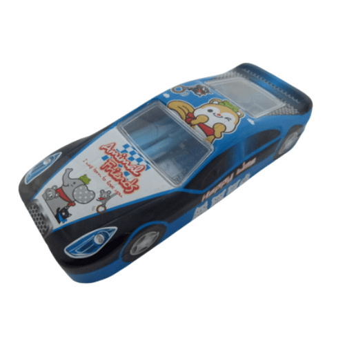 Racing Car Shape Metal Stationery Set - Animal Friends Design - Blue - PartyErasers