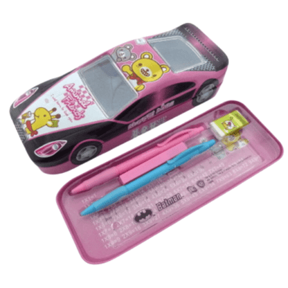 Racing Car Shape Metal Stationery Set - Animal Friends Design - Pink - PartyErasers
